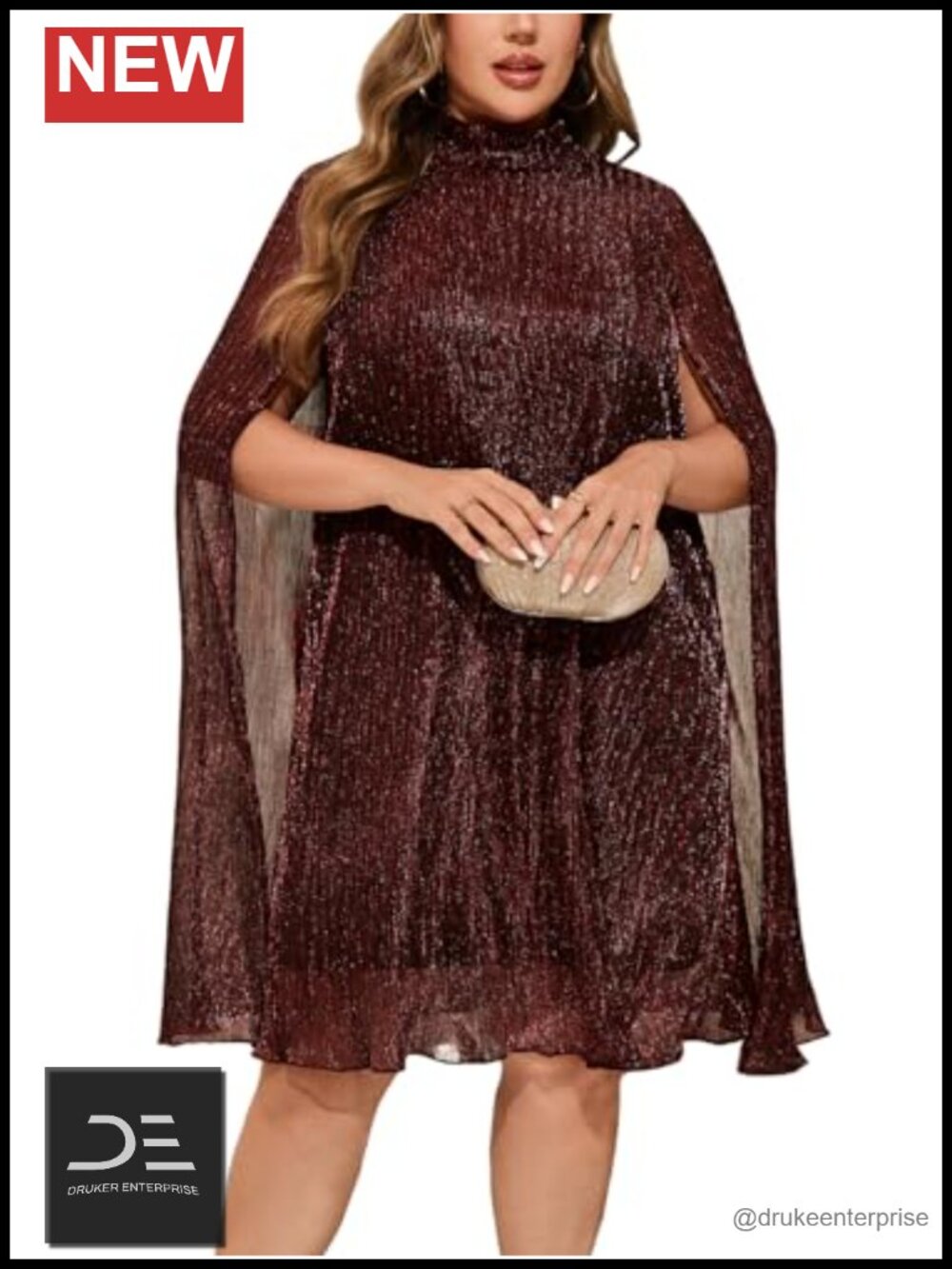 ZOMVA Plus Size Sparkly Cape Sleeve Short Dress High Neck Loose Fit Cocktail